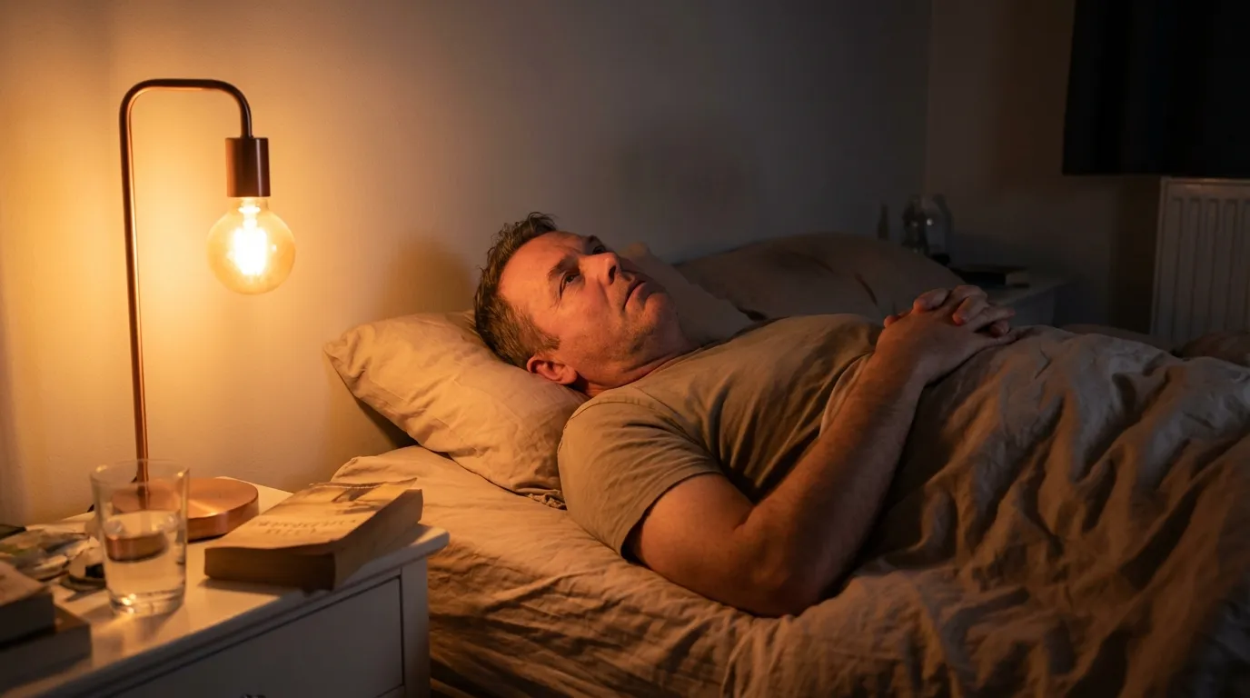 A man lies awake in bed late at night, experiencing the restless nights that often lead men to explore testosterone replacement therapy.