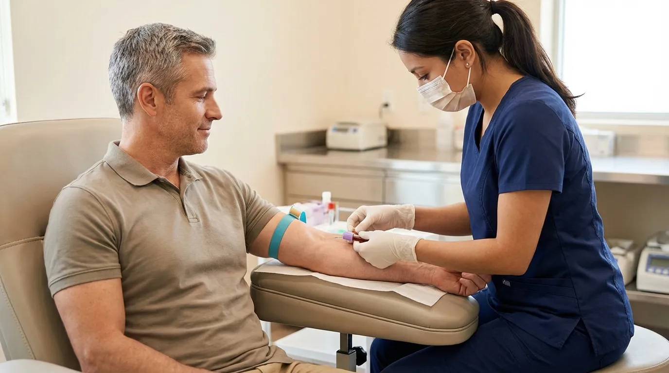 A middle-aged man has blood drawn by a masked nurse in a clinic, a necessary step for determining testosterone therapy suitability.