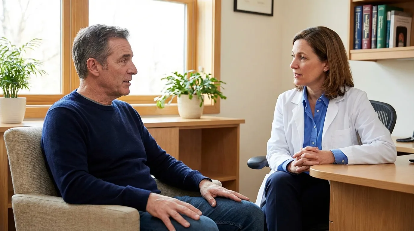 A man consulting with a female doctor about his health, a common first step toward testosterone replacement therapy.