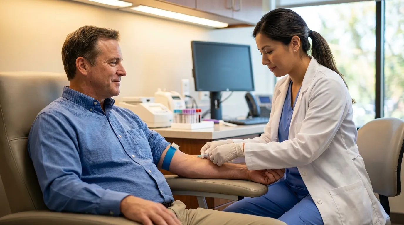 A man calmly smiles while a nurse performs a blood draw in a modern clinic, a routine step in monitoring testosterone therapy.