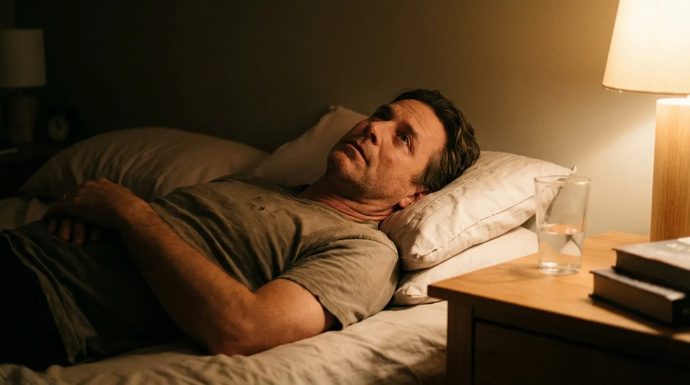 A pensive man lies awake in his dim bedroom, showing the low energy that often leads men to explore testosterone replacement therapy.