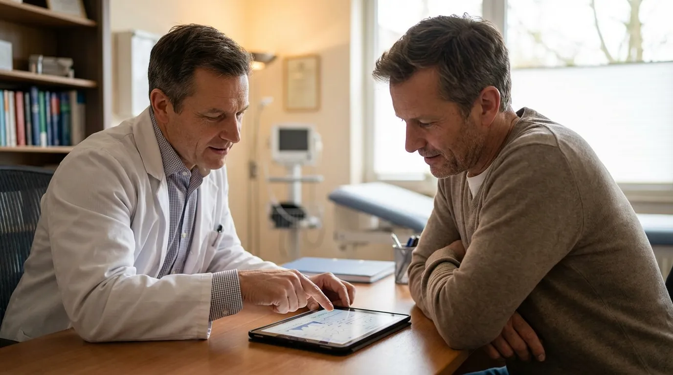 A doctor in a white coat explains results on a tablet to a man, guiding him through his testosterone replacement therapy journey.