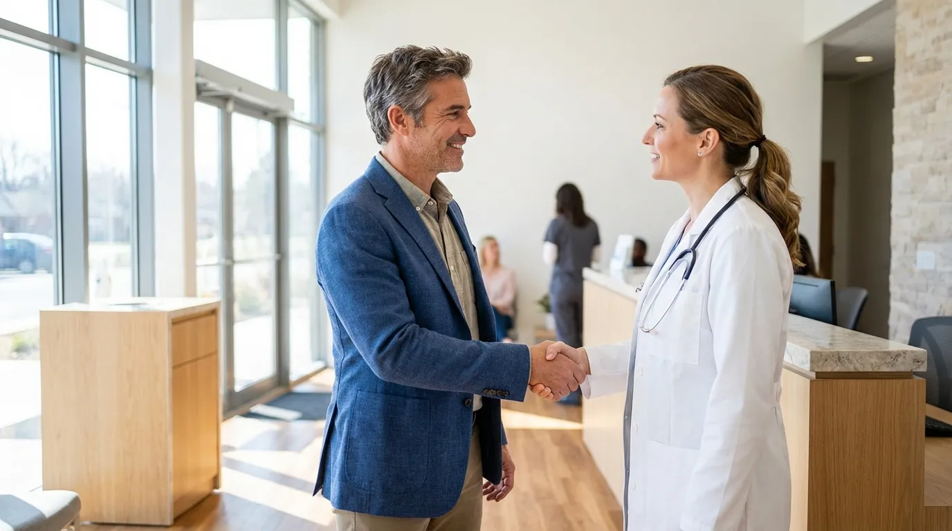 A smiling man in a blue blazer shakes hands with a doctor, symbolizing the renewed hope many men find with testosterone therapy.