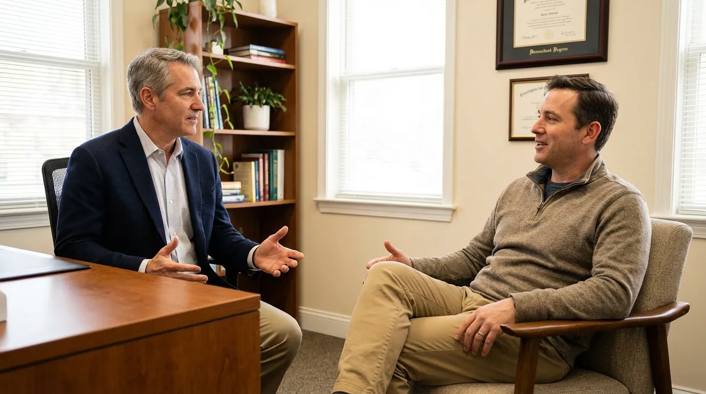 Two men are engaged in a professional discussion in a bright office, a common scene for those exploring testosterone replacement therapy.