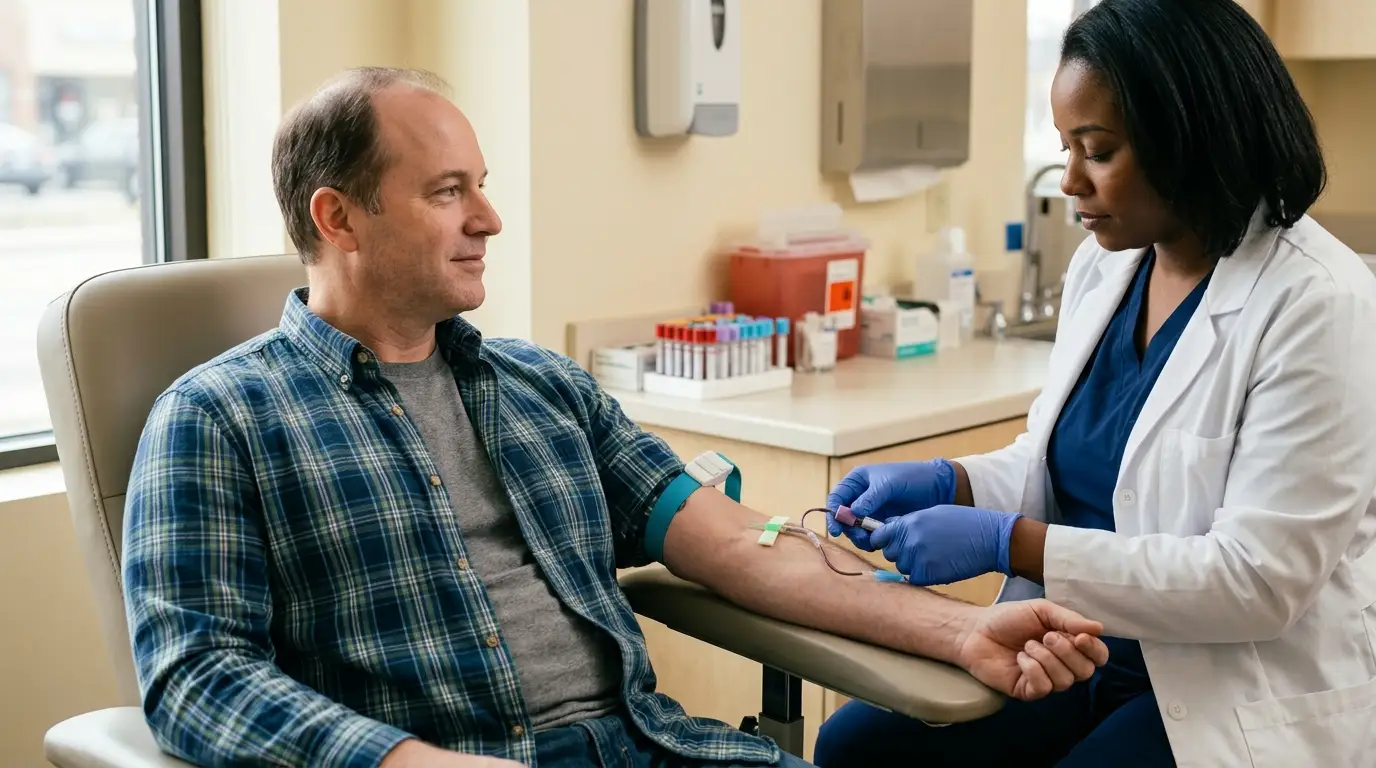 A man in a plaid shirt calmly receives a blood draw from a nurse in a clinic, a common step for testosterone therapy.
