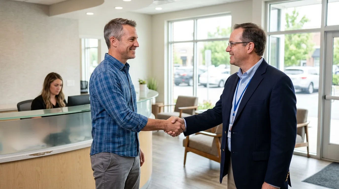 Two smiling men shaking hands in a bright clinic, reflecting the positive experiences many men find with testosterone therapy.