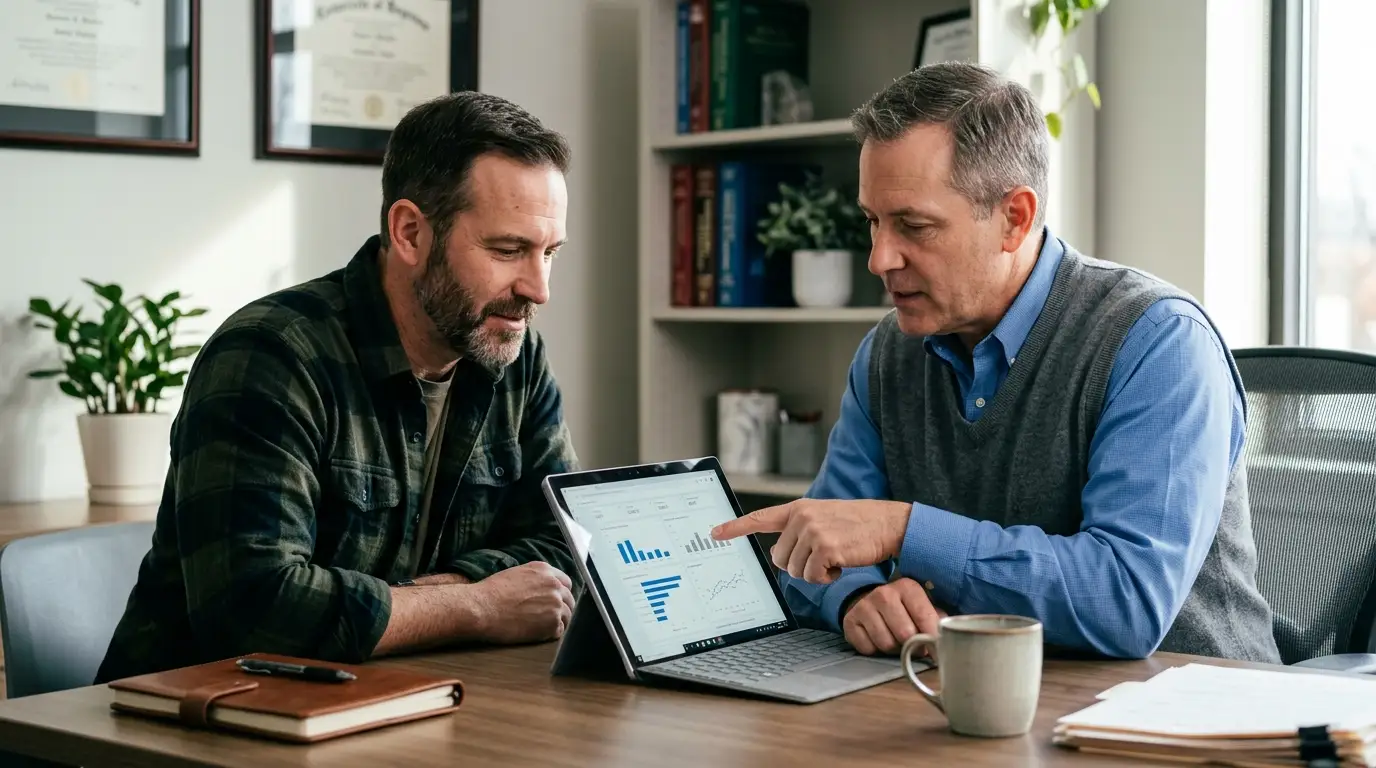 Two men intently reviewing data visualizations on a laptop, highlighting the improved focus that testosterone therapy can provide.