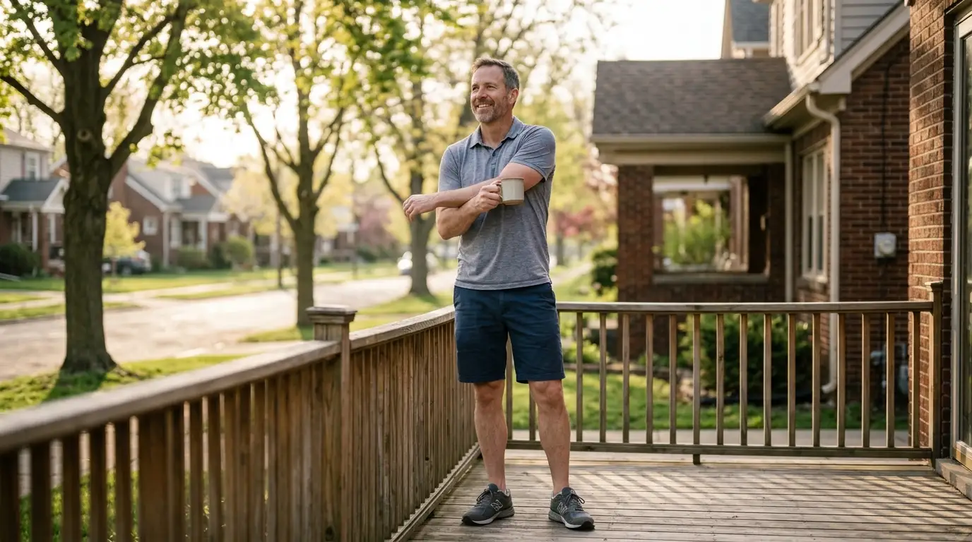 A contented man enjoys a peaceful morning on his front porch, feeling the renewed energy that testosterone replacement therapy can bring.