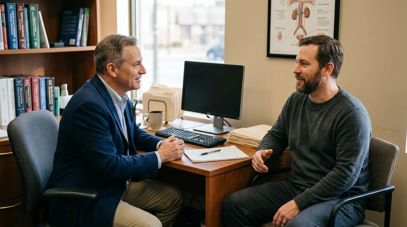 Two men share a friendly conversation during a consultation, a common first step for many exploring testosterone therapy.