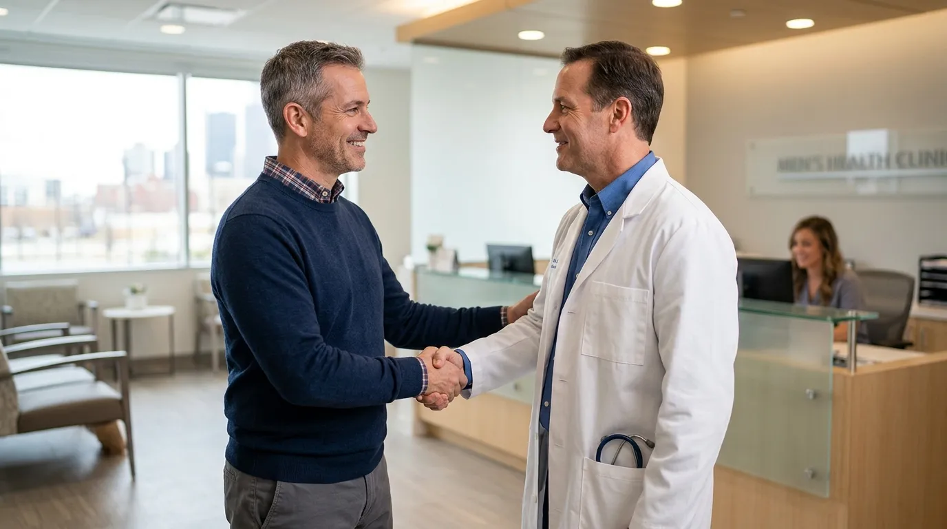 A man in a blue sweater greets a smiling doctor at a Men's Health Clinic, a step toward exploring testosterone therapy.