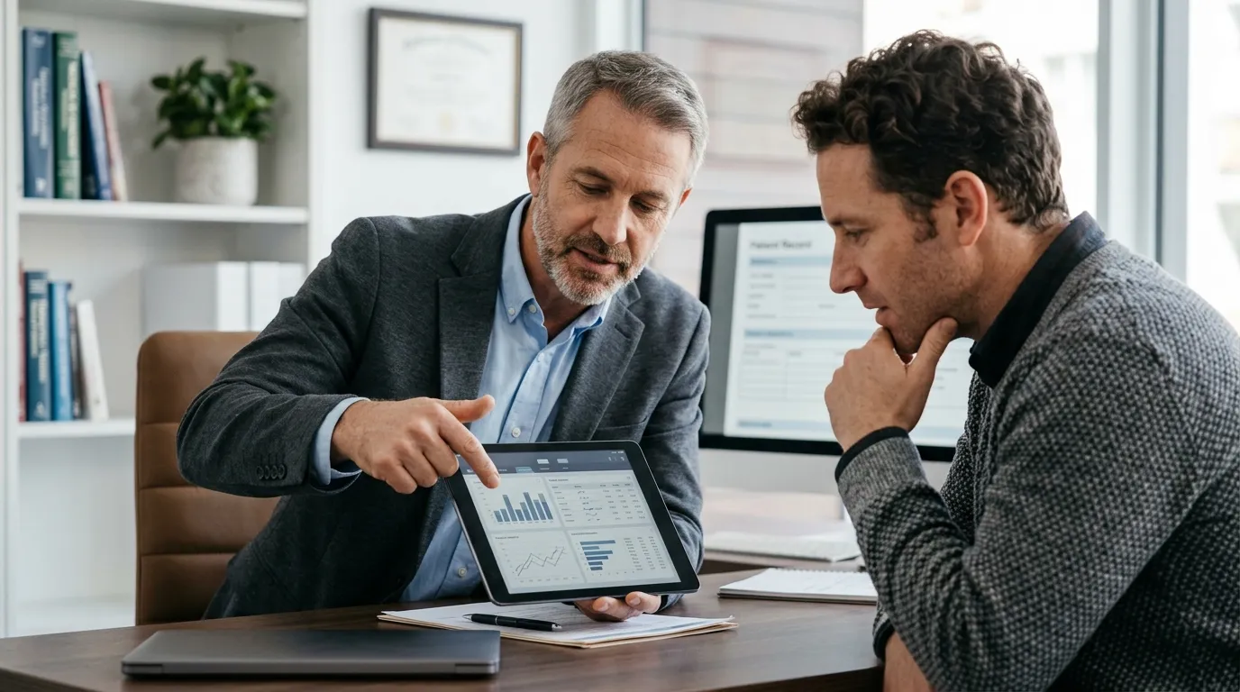 An experienced provider reviews data on a tablet with a listening man, typical of an initial testosterone replacement therapy consultation.