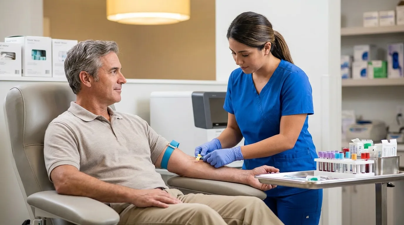 A mature man calmly receives a blood draw from a nurse, a routine step for those considering testosterone replacement therapy.