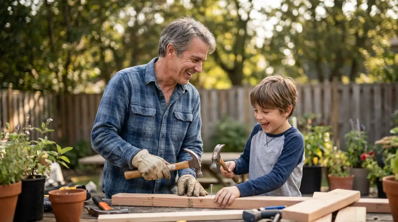A happy father and son laugh while building with wood outdoors, demonstrating the renewed energy men can find through testosterone therapy.