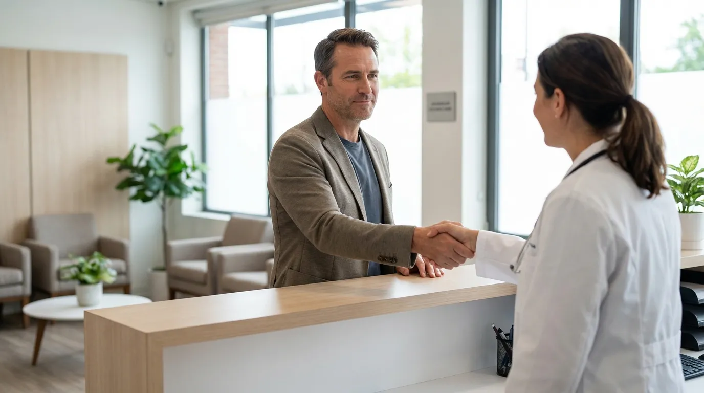 A man smiles while shaking hands with a doctor at a modern clinic, looking forward to the renewed energy TRT can provide.
