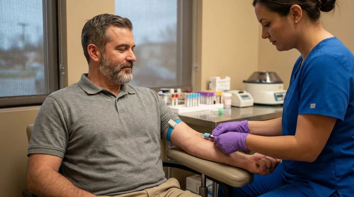 A calm father has blood drawn by a nurse, a routine step for men exploring testosterone replacement therapy for renewed energy.