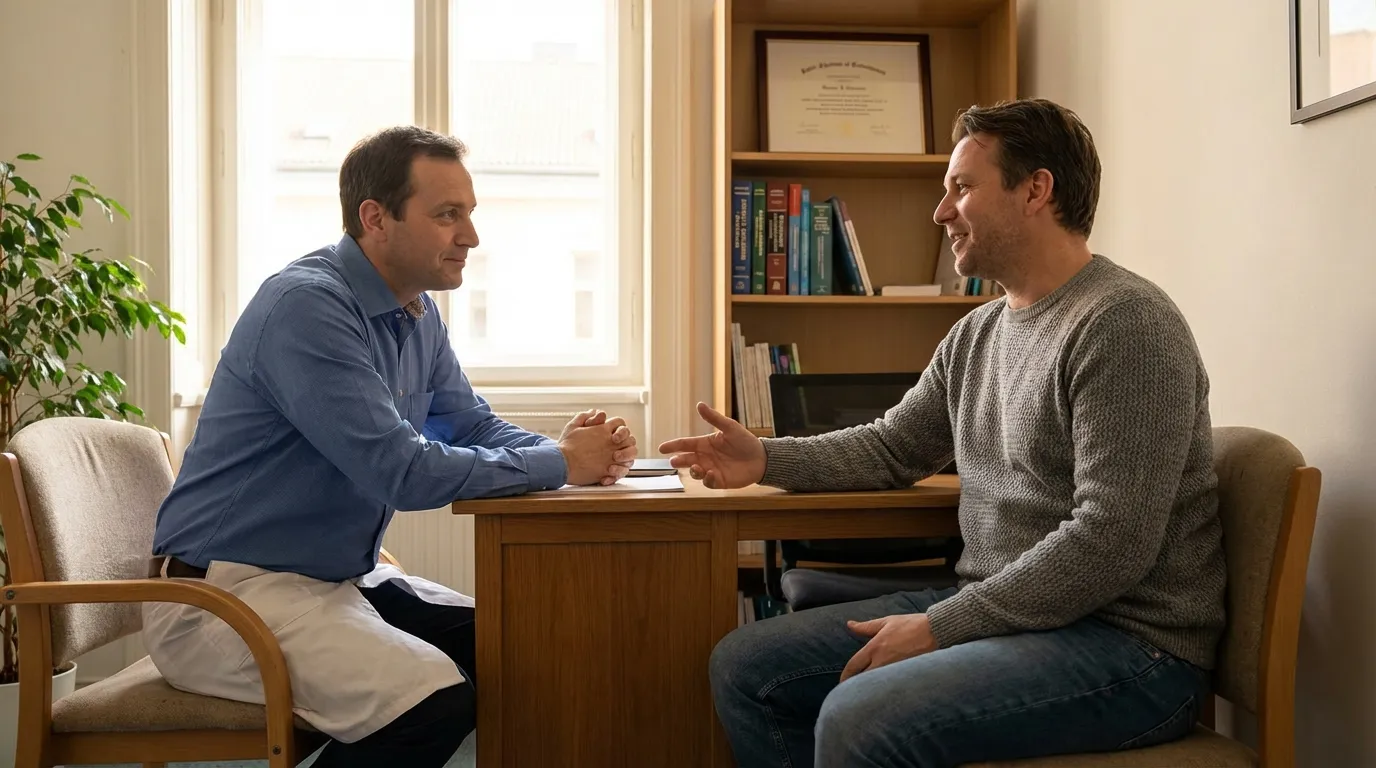 Two men in a professional office having an encouraging conversation about renewing their energy with testosterone therapy.