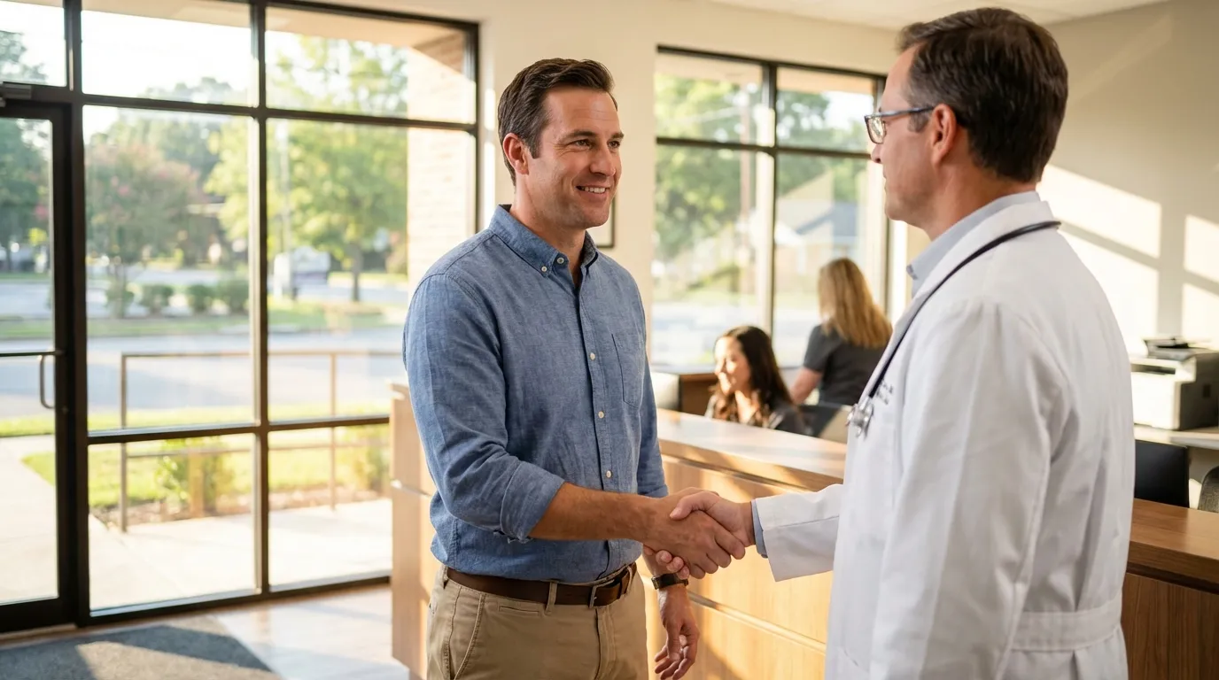 A smiling man shakes hands with his doctor in a bright clinic, a positive start to a journey with testosterone replacement therapy.