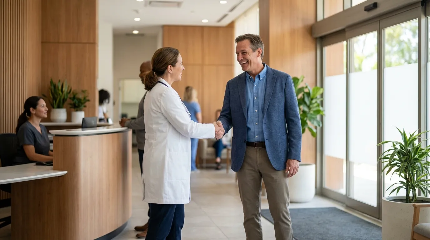 A doctor warmly greets a smiling man in a bright clinic, reflecting the positive experiences many men gain with testosterone therapy.