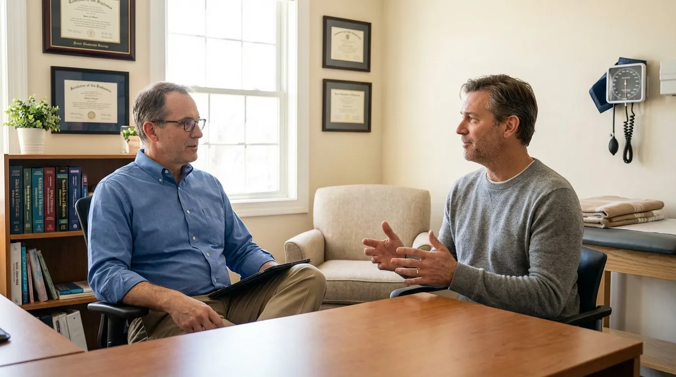Two men discussing health in a comfortable clinic setting, a familiar first step for those considering testosterone replacement therapy.