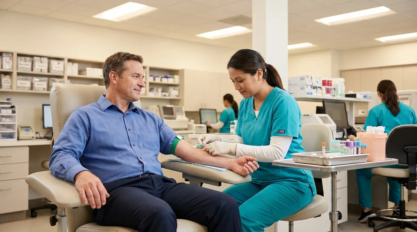 A smiling man receives a blood draw from a nurse in a modern clinic, often the start of a testosterone replacement therapy journey.