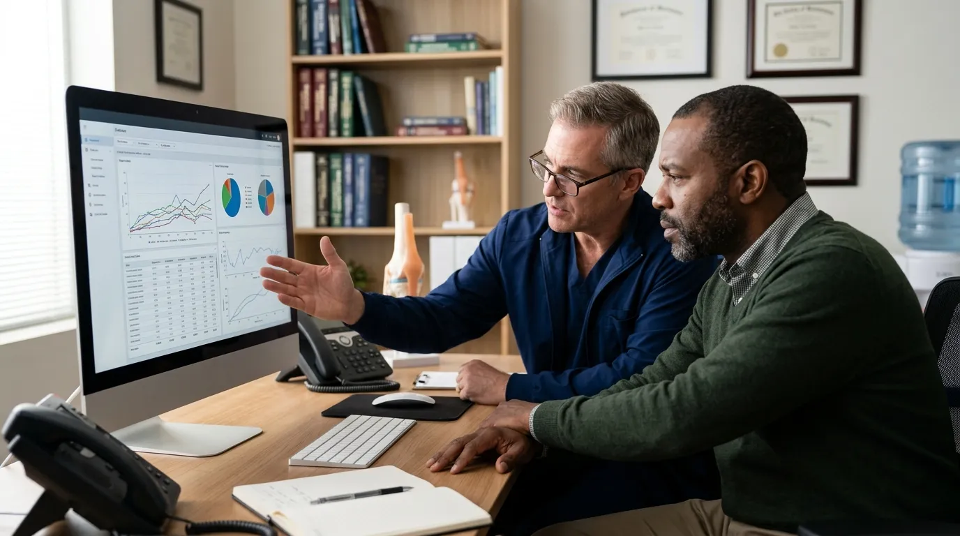 Two men review clinical data on a monitor, a key consultation when exploring testosterone replacement therapy.