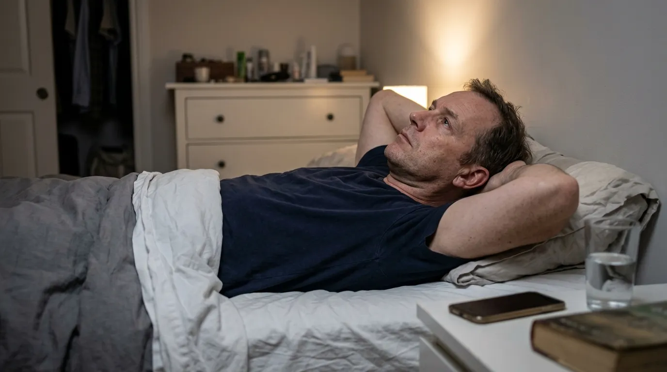 A father lies awake in bed, experiencing the low energy that often leads men to explore testosterone replacement therapy.