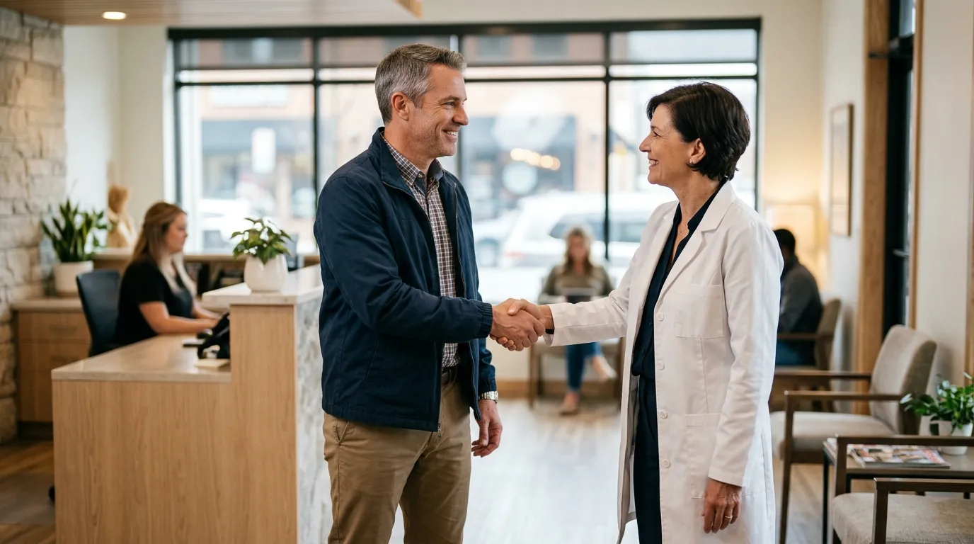 A smiling man shakes hands with a doctor, symbolizing a positive journey toward renewed vitality with testosterone replacement therapy.