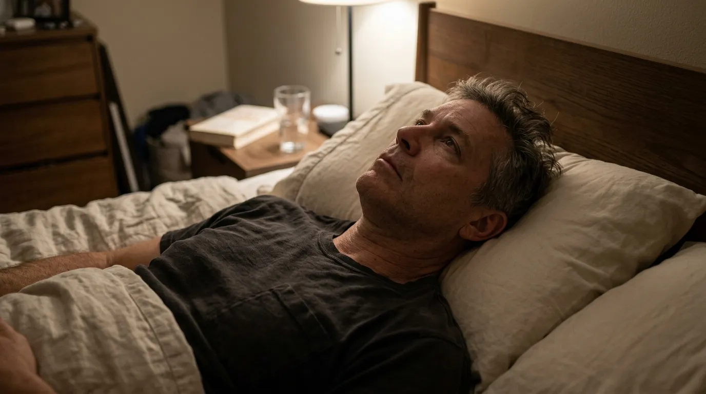 A man lies awake in bed, looking pensive in the dim light, considering the benefits of starting testosterone therapy.
