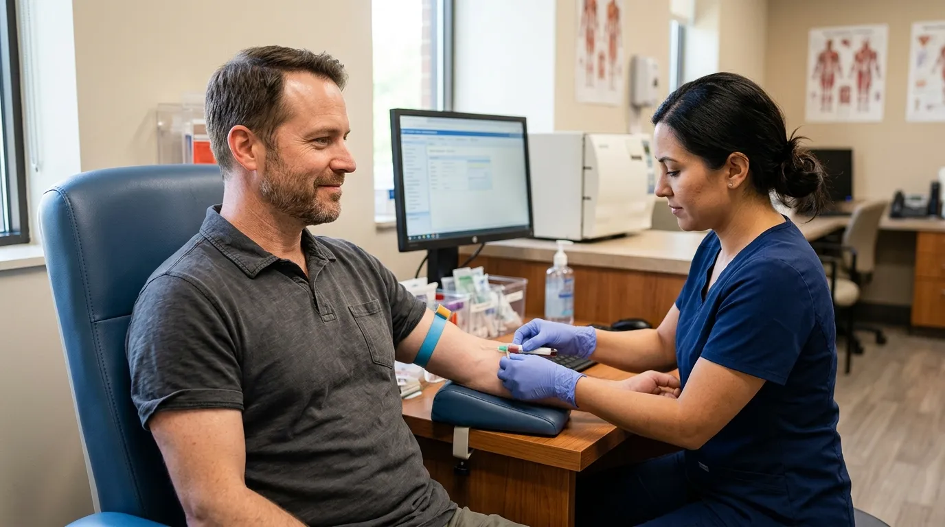 A smiling man sits comfortably as a nurse performs a blood draw in a clinic, a common first step in testosterone replacement therapy.