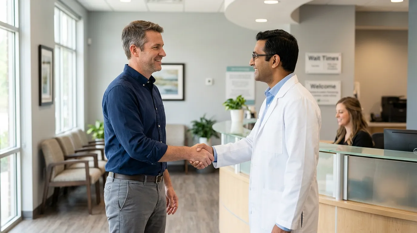 A smiling doctor in a clinic warmly shakes hands with a man, representing the reassuring start many men find with testosterone therapy.