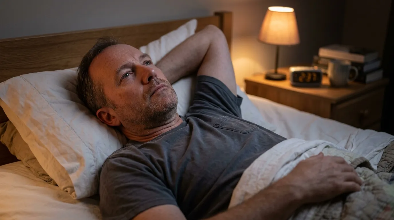 A middle-aged father lies awake in bed, reflecting on the low energy that often leads men to explore testosterone replacement therapy.