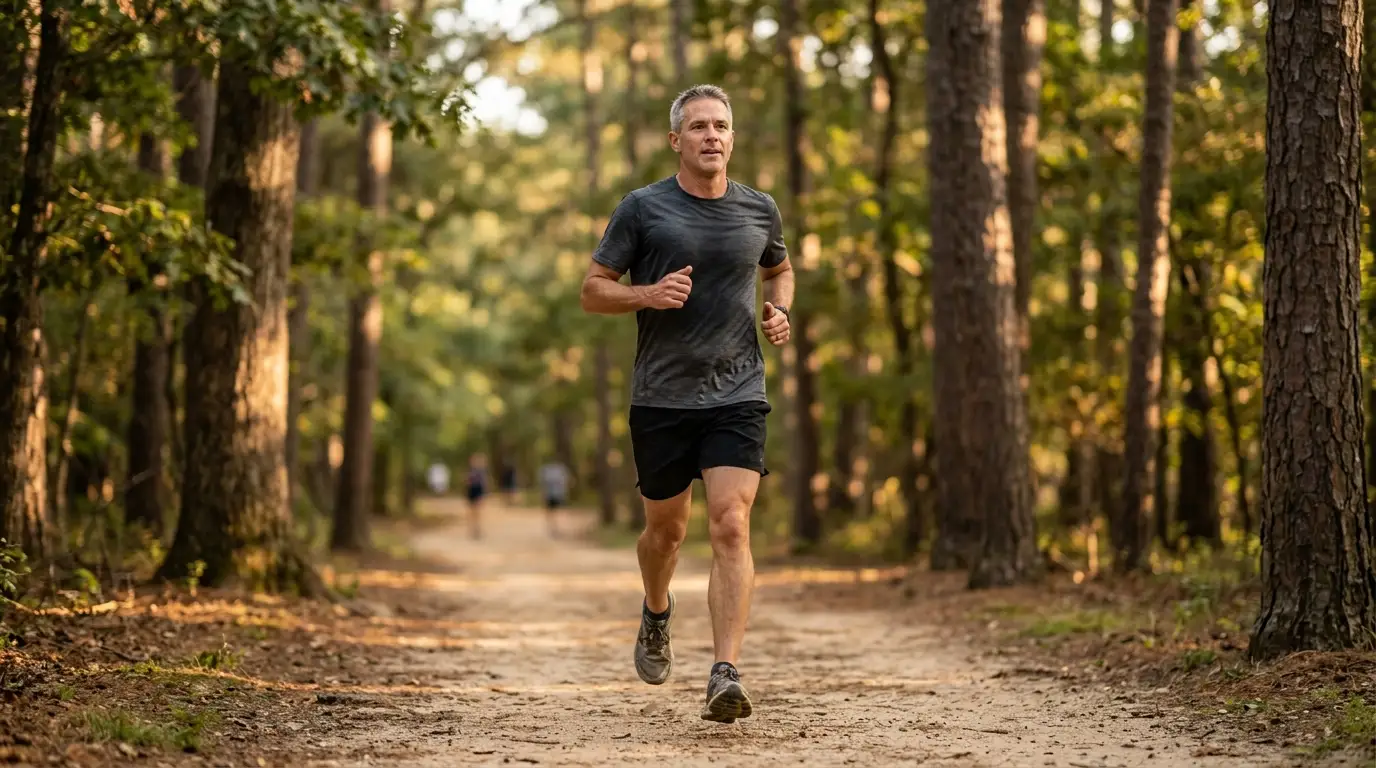 A fit man enjoys a sunny run on a forest trail, showing the renewed vigor many men experience with testosterone replacement therapy.
