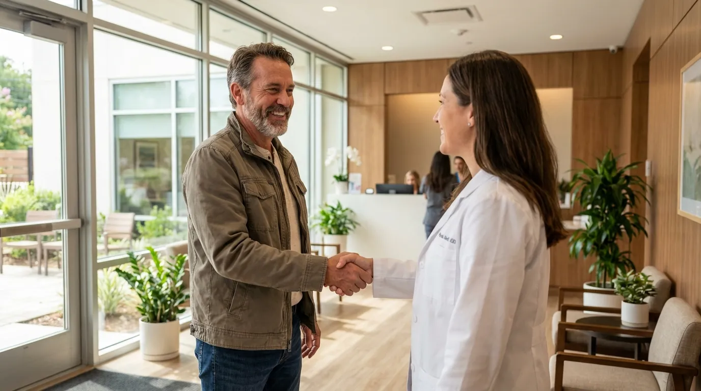 A happy man smiles while shaking hands with a female doctor in a modern clinic, a positive first step for men exploring testosterone therapy.