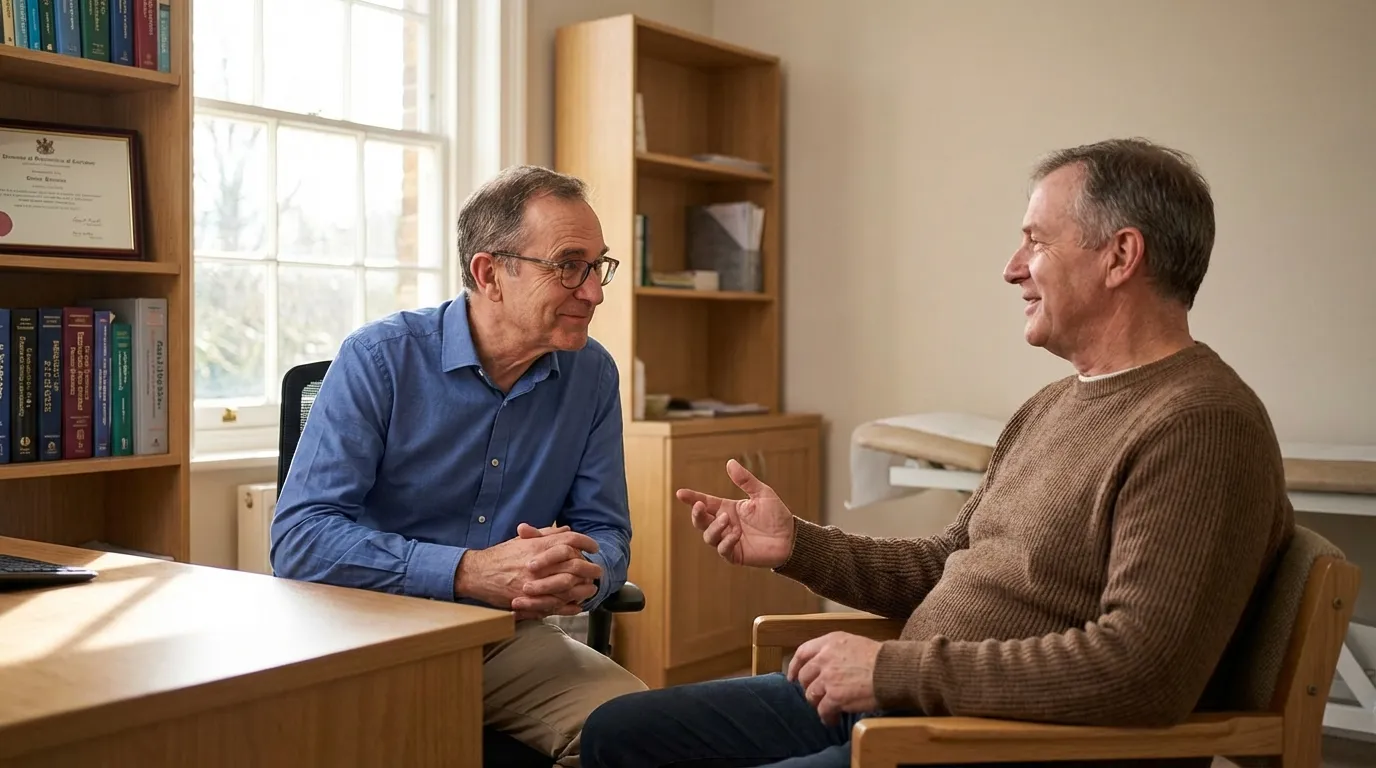 Two older men engaging in a pleasant conversation in a doctor's office, discussing health options like testosterone replacement therapy.