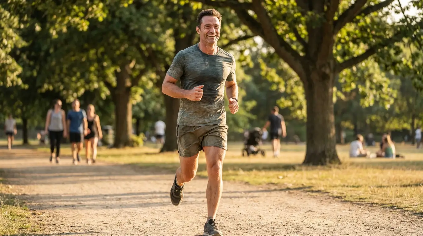 A smiling man jogs along a sunny park path, demonstrating the renewed energy and wellbeing many experience with TRT.