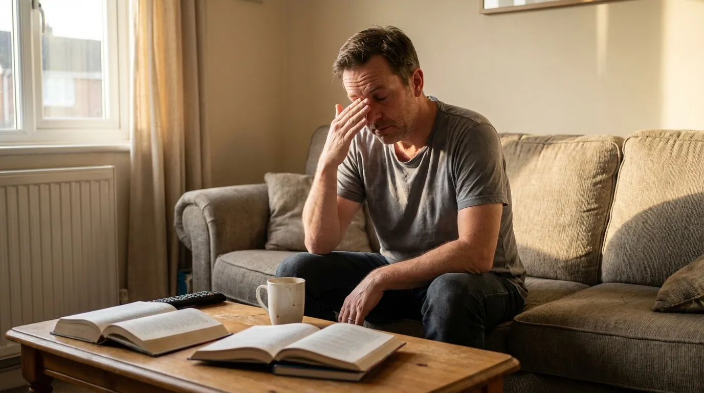 A tired man rubs his eyes while sitting on a couch with books, showing the fatigue that often leads men to explore testosterone therapy.