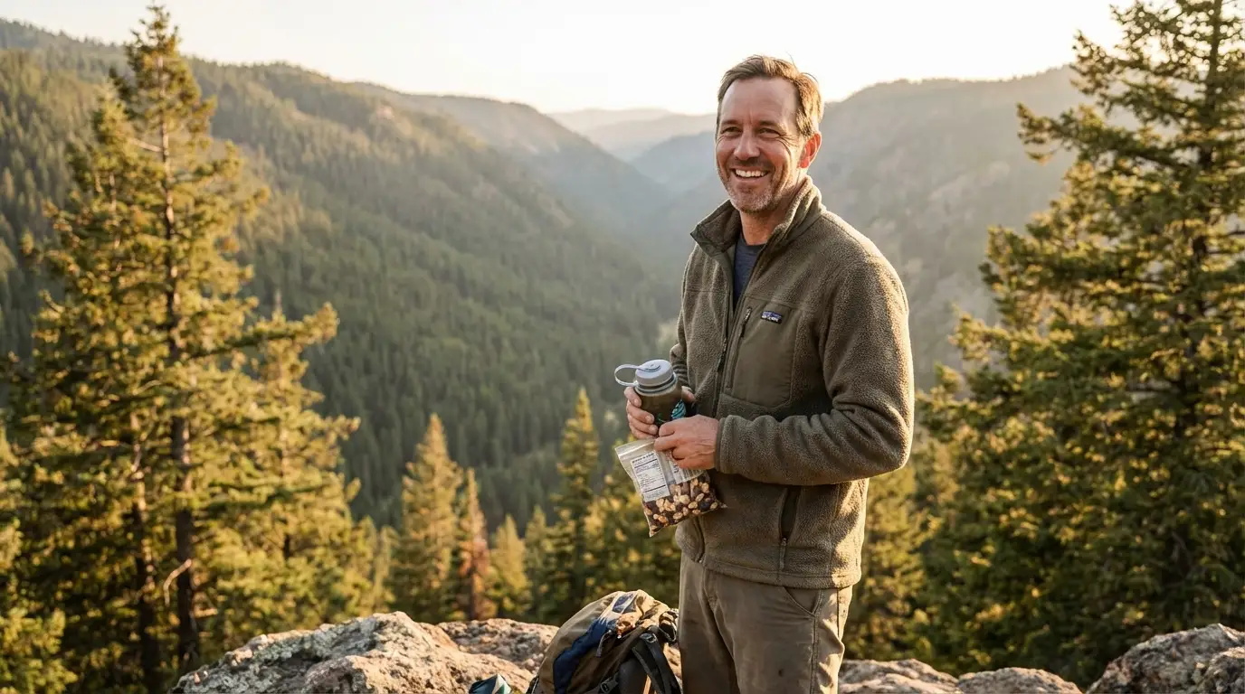 A smiling man, energized by testosterone therapy, enjoys a snack and water during a hike overlooking a vast, tree-filled mountain valley.