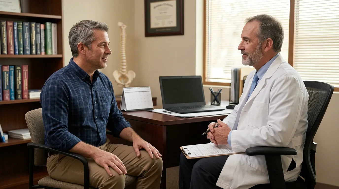 A man consults with his doctor in a professional office, discussing important health options like testosterone replacement therapy.