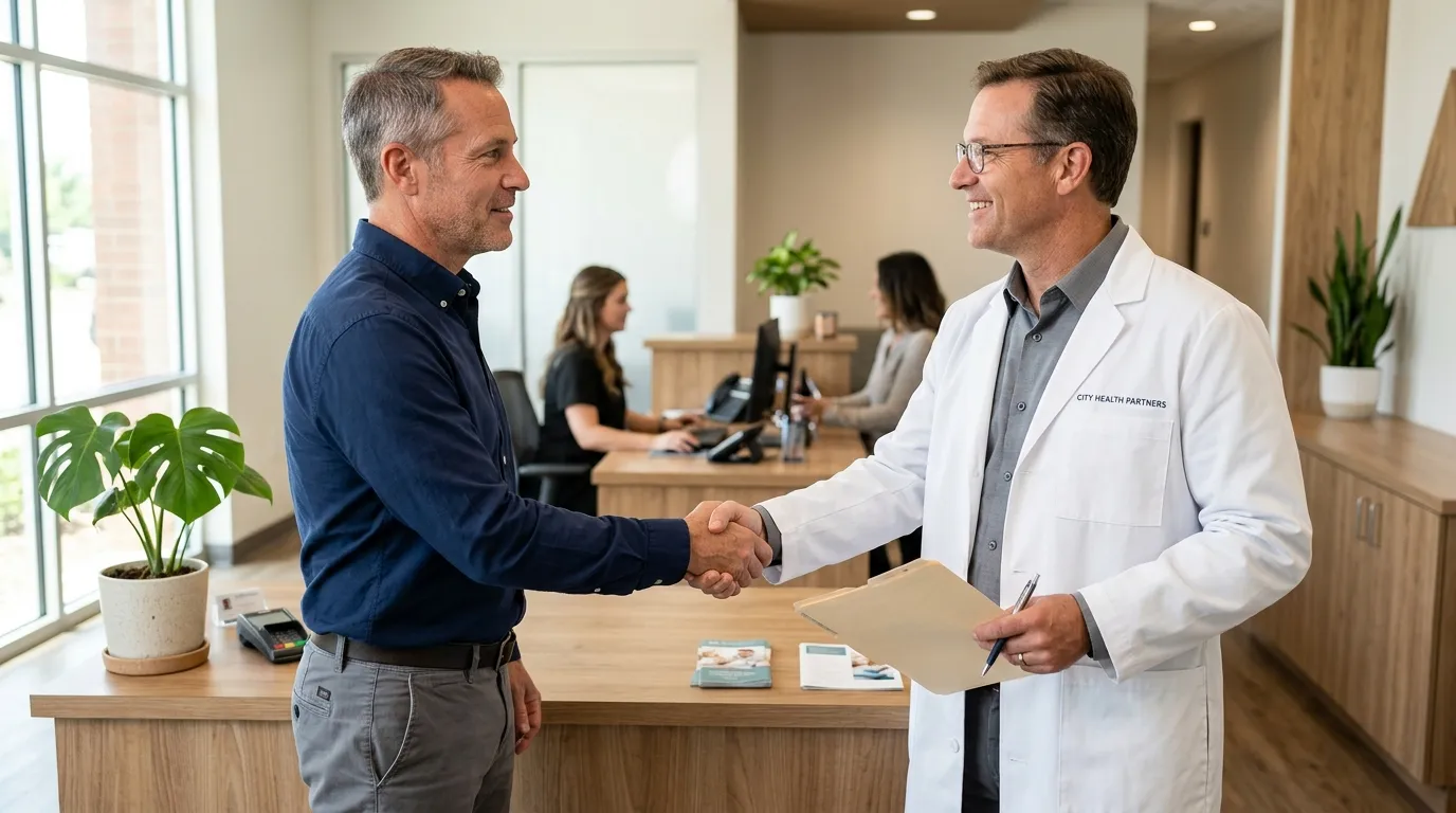 A doctor in a white coat shakes hands with a man in a clinic, a confident step toward exploring testosterone replacement therapy.