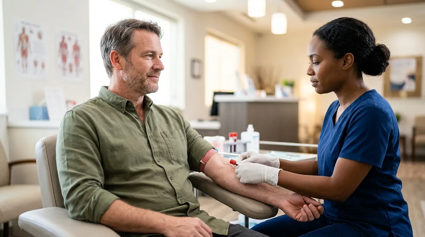 A middle-aged man undergoes a blood draw in a bright clinic, a common diagnostic step before starting TRT.