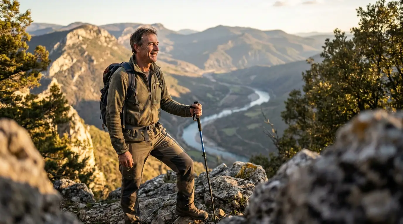 A smiling, active father, energized by testosterone therapy, stands on a sunny mountain peak overlooking a scenic river valley.