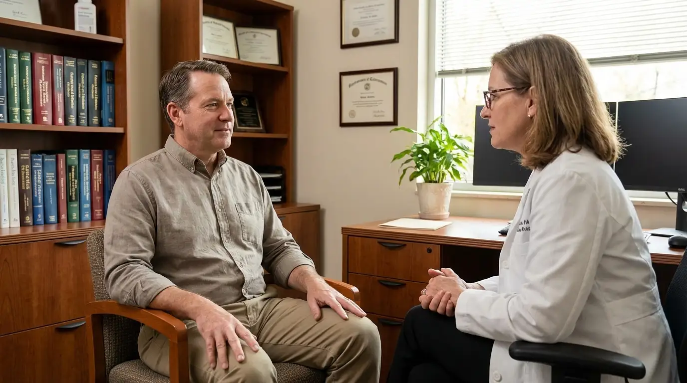 A man attentively listens to a doctor in a modern office, exploring options for testosterone replacement therapy.