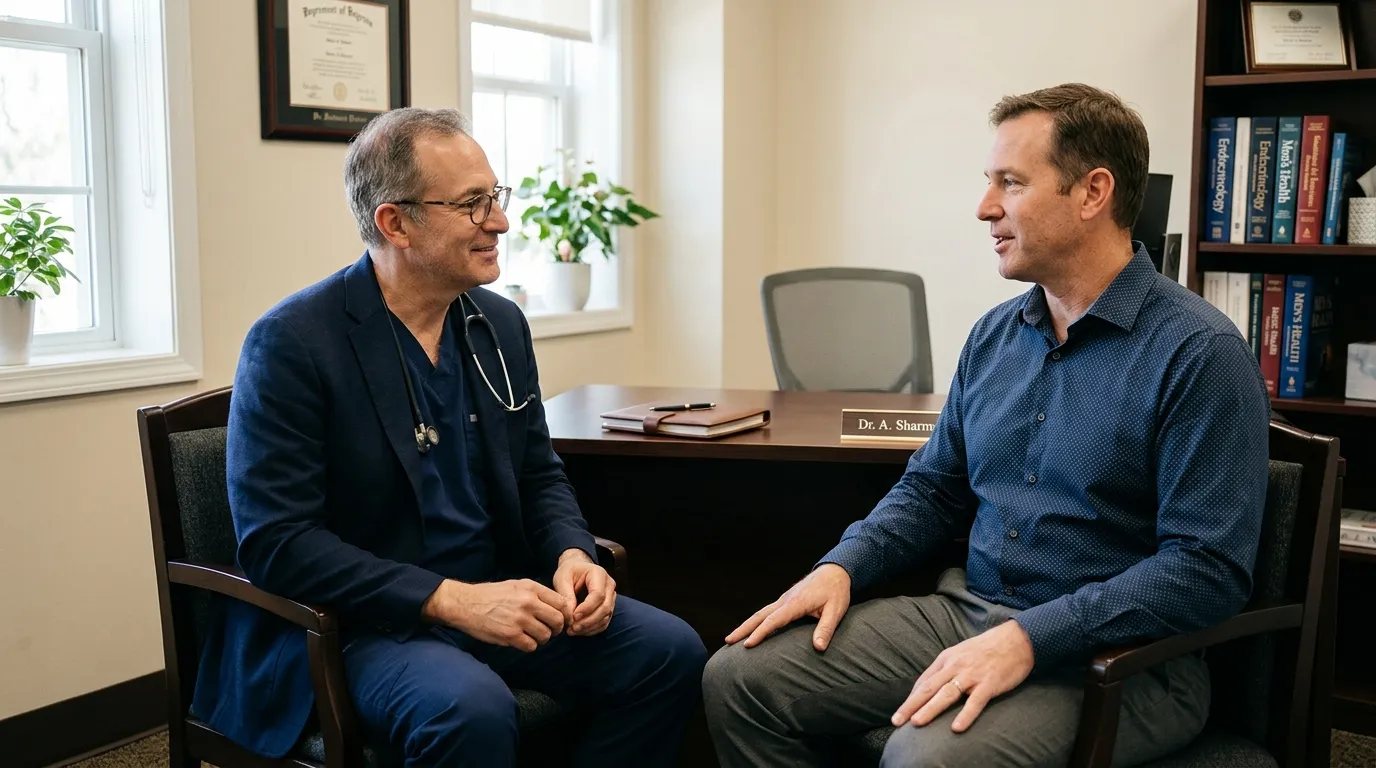 A smiling doctor and a man share a warm consultation in a professional office, discussing the positive impact of testosterone therapy.