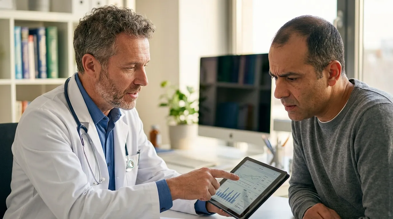 A doctor shows lab results on a tablet to a man, discussing the progress of his testosterone replacement therapy.