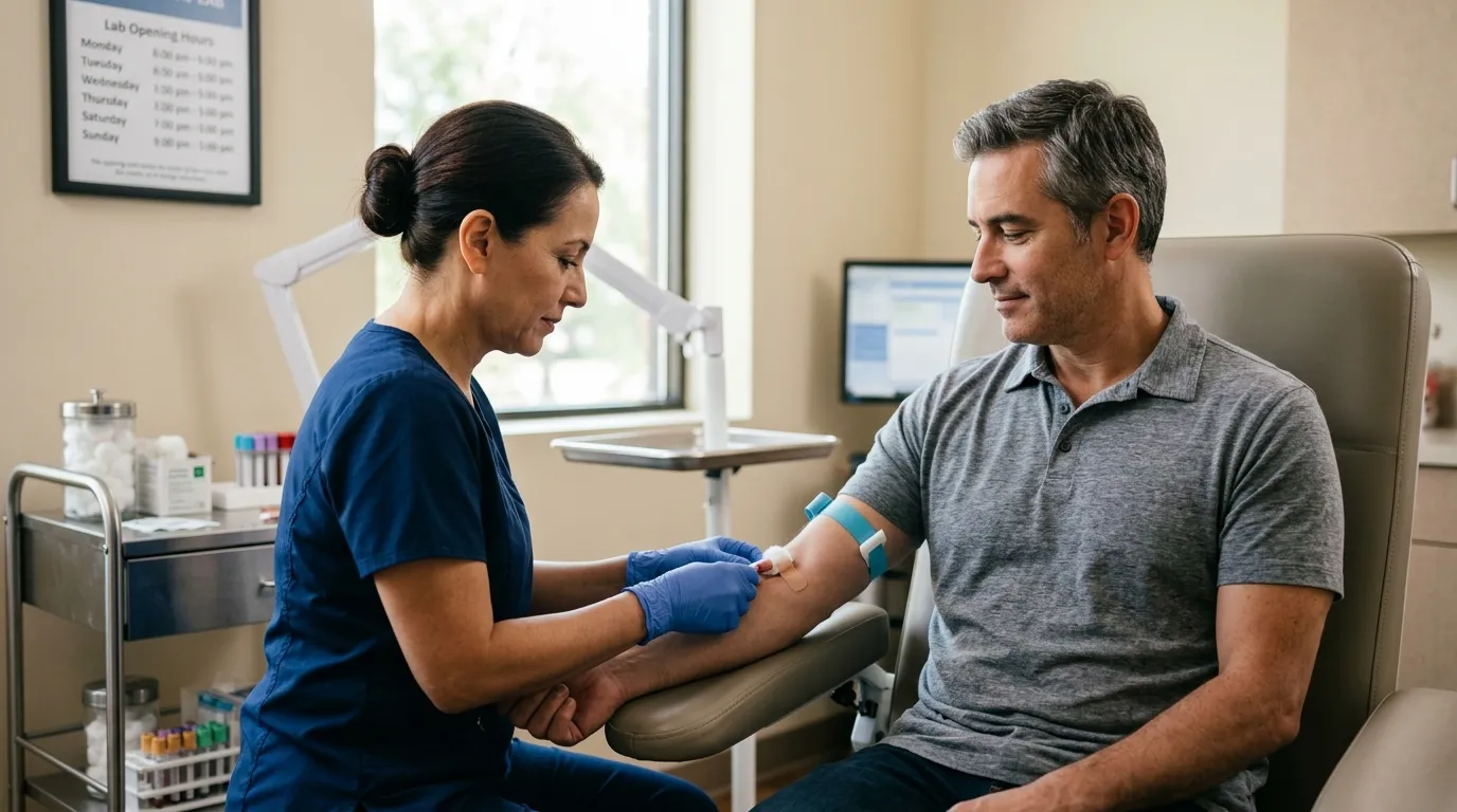 A nurse carefully draws blood from a man's arm in a clinic, a necessary step in assessing hormone levels for testosterone therapy.