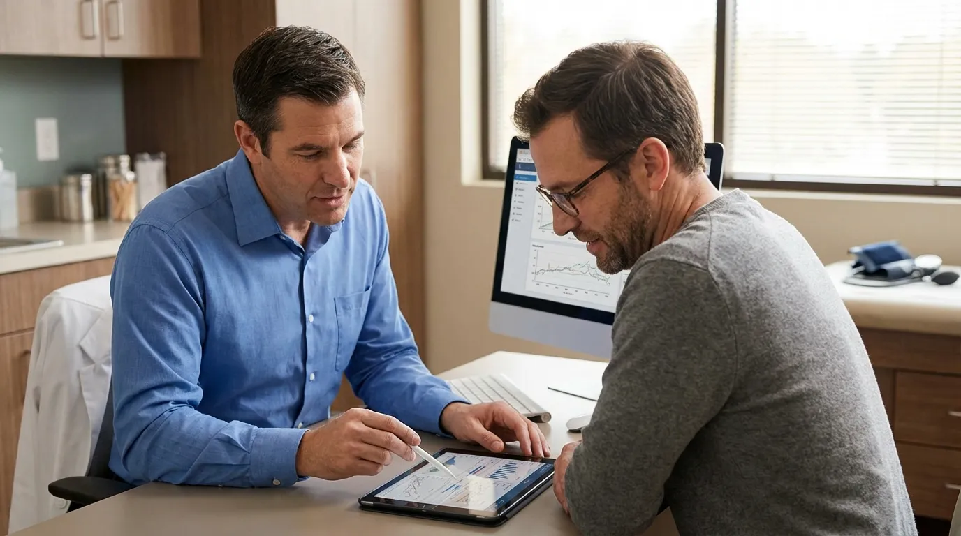 A doctor and a man discuss treatment data on a tablet in a clinic, reviewing progress from testosterone replacement therapy.