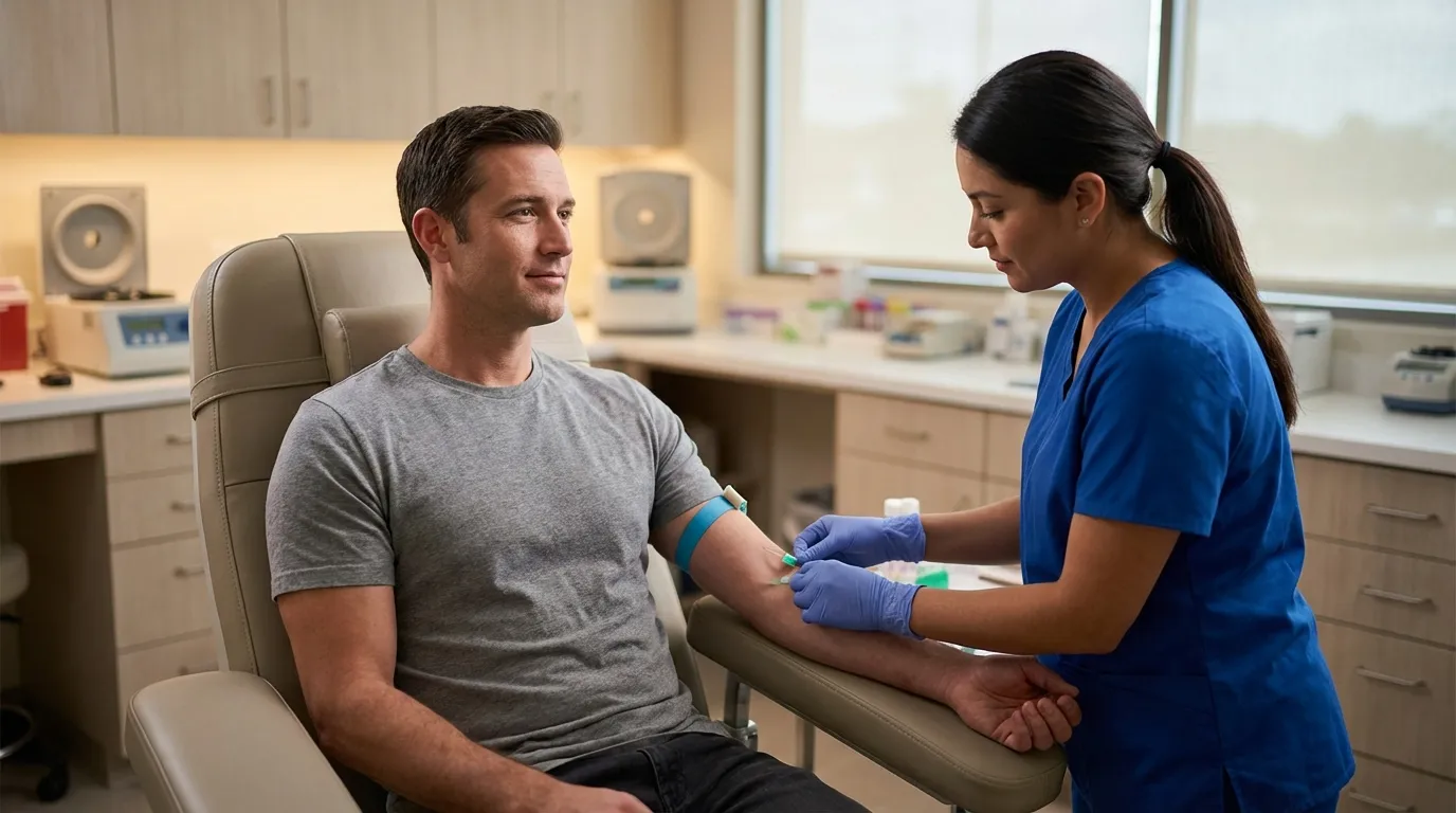 A calm man in a clinic chair has his blood drawn by a nurse, an essential step for monitoring testosterone replacement therapy.