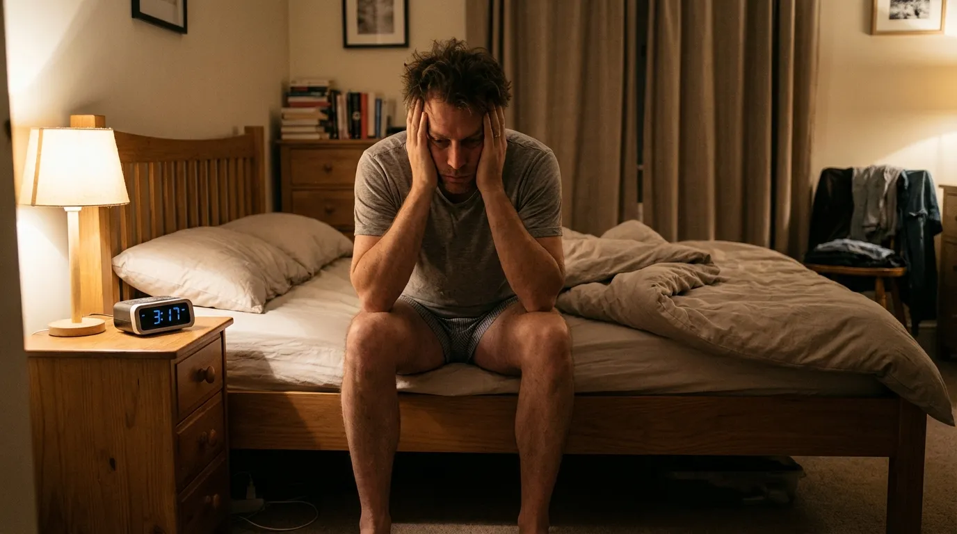 A man sits on his bed at 3:17 AM, looking weary, a common issue many men experience before seeking testosterone replacement therapy.