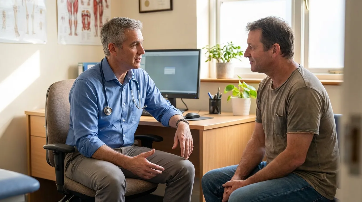 A doctor discusses health concerns with a man in an office, guiding him through the important considerations for testosterone replacement therapy.