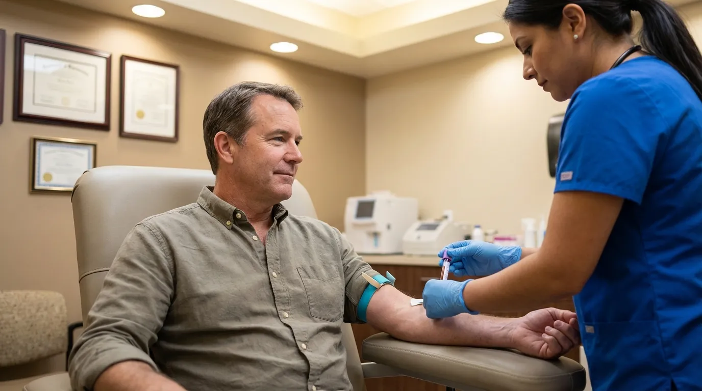 A man calmly receives a blood draw from a nurse, an initial step for many considering testosterone therapy to boost their energy.